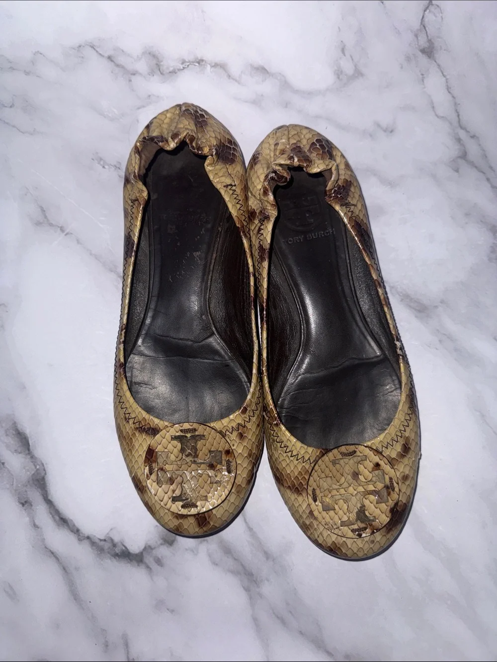 Tory Burch Snake-Print Reva Ballet Flats in Tan and Brown